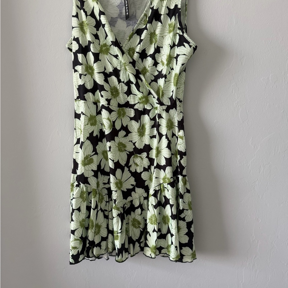 Sleeveless Floral Wrap Mini Dress in Black and Light Green